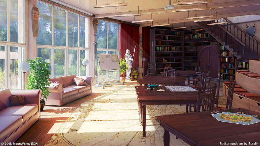 3d bookshelf bush cabinet carpet ceiling ceiling_light chair coat_of_arms couch curtains door grass highres indoors interior lamp mask morning original plant potted_plant scenery shadow stairs sunlight surafin sword table tree weapon whiteboard window window_shadow wooden_floor