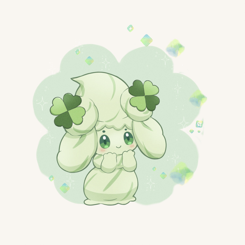 025sakura393 alcremie alcremie_(matcha_cream) blush border closed_mouth commentary_request full_body gen_8_pokemon green_eyes hands_up happy highres looking_up nintendo no_humans pokemon pokemon_(creature) smile solo sparkle white_border