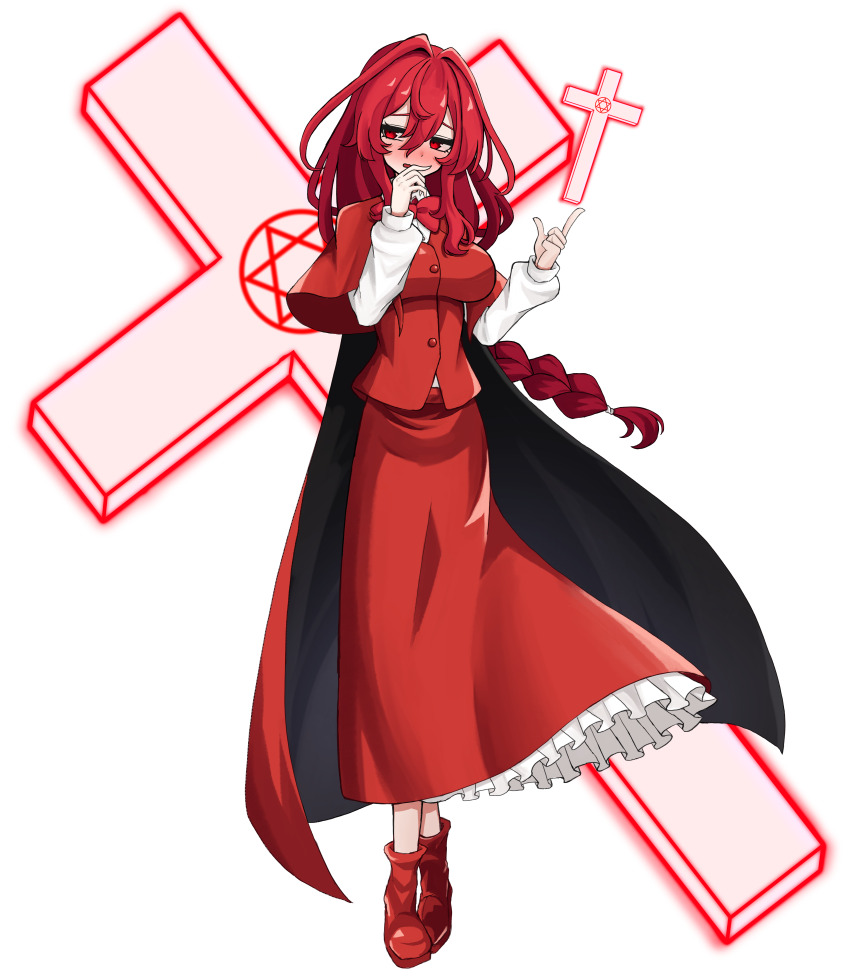 1girl absurdres blush braid braided_ponytail breasts cape commentary_request cross dress frilled_dress frills full_body highres long_hair long_sleeves looking_to_the_side okazaki_yumemi red_cape red_eyes red_hair red_shirt red_skirt scross shaded_face shirt simple_background skirt solo tachi-e touhou touhou_(pc-98) variant_set white_background yabuhebi1067