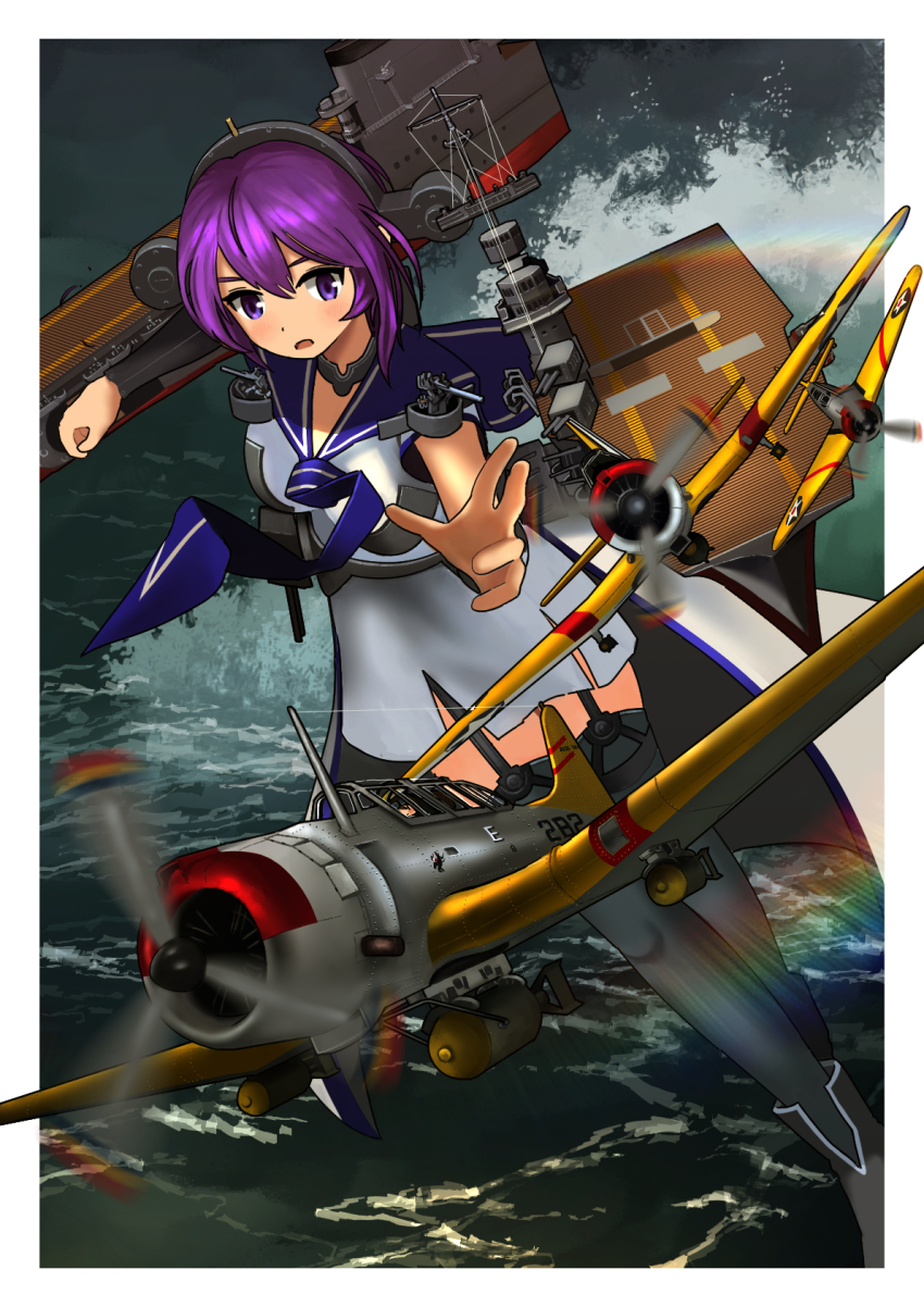 2girls aircraft airplane black_footwear black_thighhighs bomber boots breasts dive_bomber dress fairy_(kancolle) fighter_jet flight_deck garter_straps headgear highres kantai_collection lexington_(kancolle) medium_hair military_vehicle mixed-language_commentary multiple_girls necktie open_mouth outdoors purple_eyes purple_hair purple_sailor_collar rigging sailor_collar sailor_dress short_sleeves solo_focus thighhighs timmyyen water white_dress