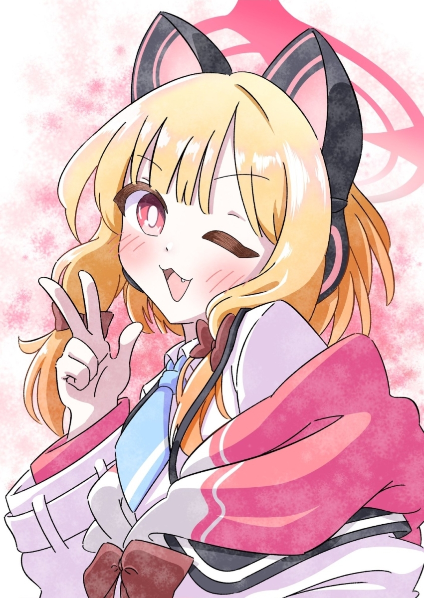 1girl animal_ear_headphones animal_ears blonde_hair blue_archive blue_necktie blush bow bright_pupils cat_ear_headphones cat_ears collared_shirt commentary fake_animal_ears fang hair_bow halo hand_up headphones highres hood hood_down hooded_jacket jacket long_sleeves looking_at_viewer low-tied_sidelocks medium_hair momoi_(blue_archive) multicolored_jacket necktie off_shoulder one_eye_closed open_mouth parted_bangs pink_background pink_halo pink_hood pink_jacket red_bow red_eyes reiremi school_uniform shirt sidelocks smile solo suspenders upper_body w white_background white_jacket white_pupils white_shirt wing_collar