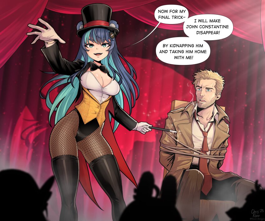 1boy 1girl absurdres animal_ears artist_name bear_ears bear_girl black_bow black_bowtie black_hat black_leotard black_shrug blonde_hair blue_eyes bow bowtie breasts brown_coat cigarette cleavage coat collared_shirt colored_inner_hair cosplay dc_comics english_text fishnet_pantyhose fishnets fortissimo fujikura_uruka gloves hair_ornament hat highres holding john_constantine kluverdesigns large_breasts leotard long_hair magician multicolored_hair multicolored_leotard musical_note musical_note_hair_ornament necktie open_mouth pantyhose phase_connect red_necktie shadow shirt shrug_(clothing) silhouette sitting speech_bubble tied_to_chair top_hat twitter_username two-tone_hair two-tone_leotard virtual_youtuber white_gloves white_leotard white_shirt zatanna_zatara zatanna_zatara_(cosplay)