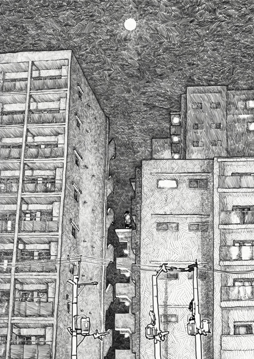 1other apartment building cityscape commentary full_moon greyscale hatching_(texture) highres imminent_suicide kabuno_(camphora) monochrome moon night night_sky original outdoors power_lines scenery sky standing window woven_hatching