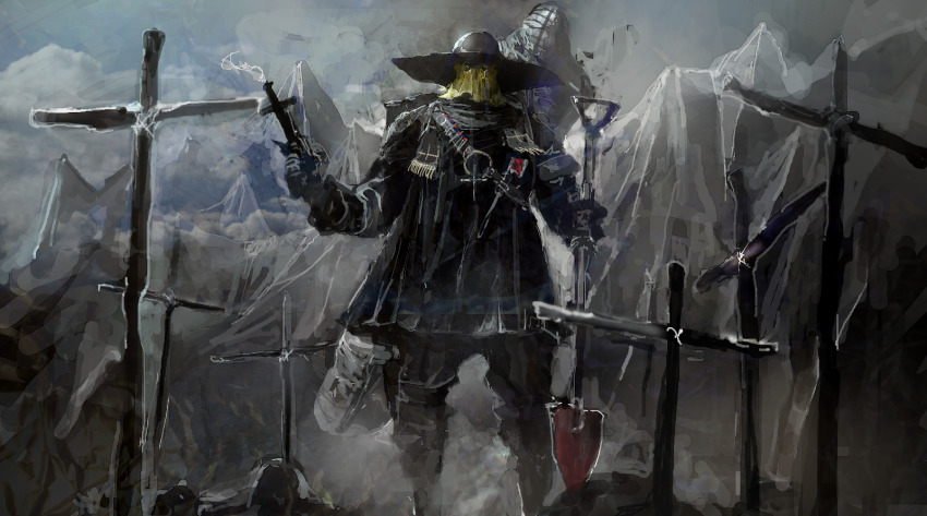 axe bandolier belt black_boots boots cross hat hatchet hatchet_(axe) highres kohata_(kohatazuke) mask o-ring outdoors pixiv_fantasia pixiv_fantasia_mountain_of_heaven shovel solo standing tombstone
