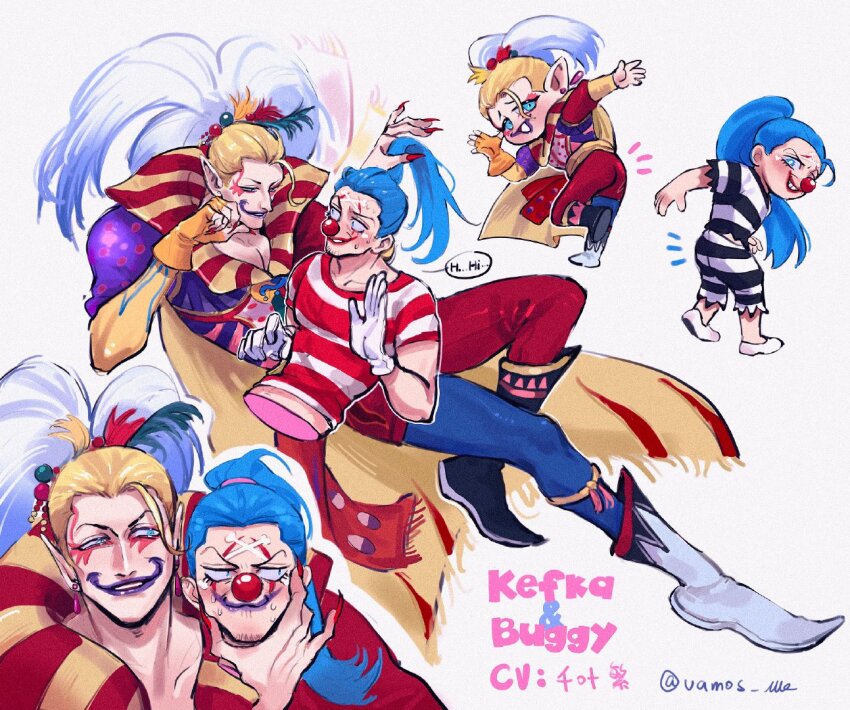 2boys aquiline_nose blonde_hair blue_eyes blue_hair boots cefca_palazzo character_name clown_nose facepaint final_fantasy final_fantasy_vi fingerless_gloves forced_smile gloves grin long_hair looking_back multiple_boys nervous nose open_mouth orange_gloves pants pectoral_cleavage pectorals pointy_ears ponytail prison_clothes red_nails red_pants shirt shoes single_glove smile striped_clothes striped_shirt trait_connection vamos_mk white_shoes