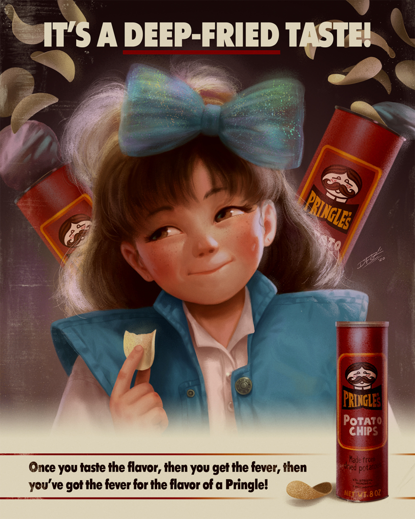 1girl 2020 20s 80s ad blue_bow blue_jacket blush bow bracelet brown_eyes brown_hair can child chips_(food) eating food freckles grey_background hair_bow holding holding_food idfer jacket jewelry long_hair looking_to_the_side oldschool original potato_chips pringles retro_artstyle shirt short_sleeves sleeveless sleeveless_jacket smile standing upper_body white_shirt