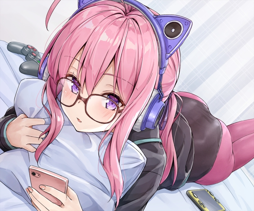 1girl ahoge animal_ear_headphones animal_ears ass black_leotard black_shirt blush brown-framed_eyewear cat_ear_headphones cellphone commentary_request controller dutch_angle fake_animal_ears fingernails game_controller glasses hair_between_eyes hairband handheld_game_console headphones holding holding_phone hugging_object ideura_shizuri_(neet_kunoichi) indoors koyuki_(kotatsu358) legs_up leotard long_hair long_sleeves looking_at_viewer lying neet_de_otaku_na_kunoichi_to_naze_ka_dousei_hajimemashita nintendo_switch no_pants on_bed on_stomach pantyhose parted_lips phone pillow pillow_hug pink_hair purple_eyes purple_hairband purple_pantyhose shirt smartphone solo the_pose
