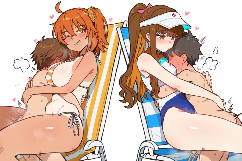 2boys 2girls :q absurdres age_difference beach_chair between_breasts bikini blue_one-piece_swimsuit breasts brown_eyes brown_hair chair commentary ebora english_commentary face_between_breasts fate/grand_order fate_(series) fujimaru_ritsuka_(female) fujimaru_ritsuka_(female)_(brilliant_summer) hair_ornament hair_scrunchie head_between_breasts hetero highleg highleg_one-piece_swimsuit highres kishinami_hakuno_(female) large_breasts long_hair multiple_boys multiple_girls official_alternate_costume on_chair one-piece_swimsuit one_side_up onee-shota orange_bikini orange_eyes orange_hair orange_scrunchie scrunchie sex shota side-tie_bikini_bottom sideboob small_breasts smile striped_bikini striped_clothes swimsuit tan tanline tongue tongue_out two-tone_one-piece_swimsuit visor_cap white_background white_one-piece_swimsuit