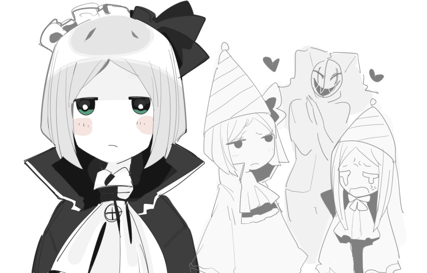 1boy 2girls anger_vein ascot black_bow black_jacket blush bow closed_mouth expressionless green_eyes hair_bow highres jacket library_of_ruina madotsuki_ren maid_headdress multiple_girls oswald_(project_moon) pamela_(project_moon) pameli_(project_moon) project_moon short_hair white_ascot white_hair