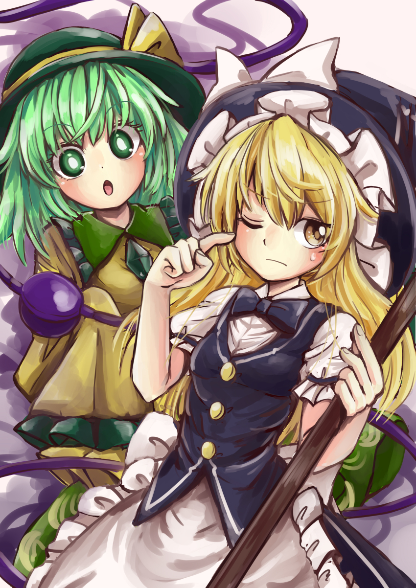 &gt;:( 2girls :o absurdres antinomy_of_common_flowers apron black_bow black_bowtie black_headwear blonde_hair blush bow bowtie breasts bright_pupils broom buttons collar finger_to_cheek floral_print frilled_apron frilled_collar frilled_hat frilled_sleeves frills frown green_eyes green_hair green_sailor_collar green_skirt hair_between_eyes hat hat_bow highres holding holding_broom index_finger_raised kirisame_marisa komeiji_koishi long_hair looking_at_another looking_to_the_side multiple_girls one_eye_closed puffy_short_sleeves puffy_sleeves ramie_(ramie541) ribbon-trimmed_sleeves ribbon_trim rose_print sailor_collar shirt short_sleeves sidelocks simple_background skirt sleeves_past_fingers sleeves_past_wrists small_breasts standing sweatdrop teamwork third_eye touhou v-shaped_eyebrows wavy_hair white_apron white_background white_bow white_shirt witch_hat yellow_bow yellow_eyes yellow_shirt