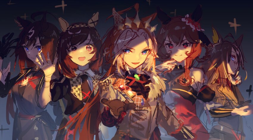 5girls :d absurdres ahoge animal_ears bare_shoulders black_gloves black_necktie blue_eyes braid braided_hair_rings buena_vista_(umamusume) commentary dream_journey_(umamusume) duramente_(umamusume) ear_covers gentildonna_(umamusume) gloves hair_intakes hair_rings highres horse_ears horse_girl lace_sleeves long_hair long_sleeves looking_at_viewer multicolored_hair multiple_girls necktie open_mouth orange_hair orfevre_(umamusume) purple_eyes red_eyes single_ear_cover smile streaked_hair swept_bangs trait_connection two-tone_hair umamusume white_hair yu_hydra