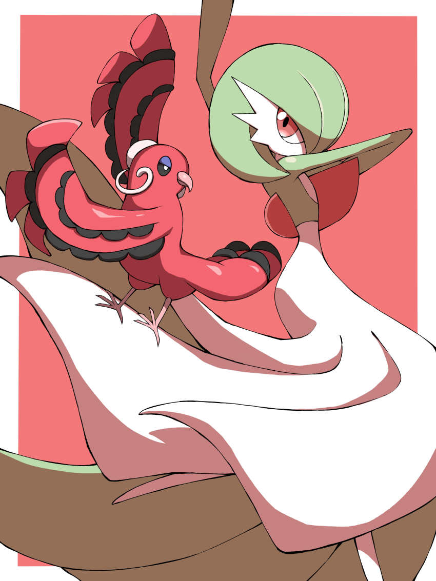 absurdres arm_up bird commentary_request creature dancer_(pokemon_ability) gardevoir gen_3_pokemon gen_7_pokemon hand_up highres looking_at_viewer nintendo oricorio oricorio_(baile) pokemon pokemon_(creature) pokemon_ability red_eyes shabana_may trace_(pokemon_ability)