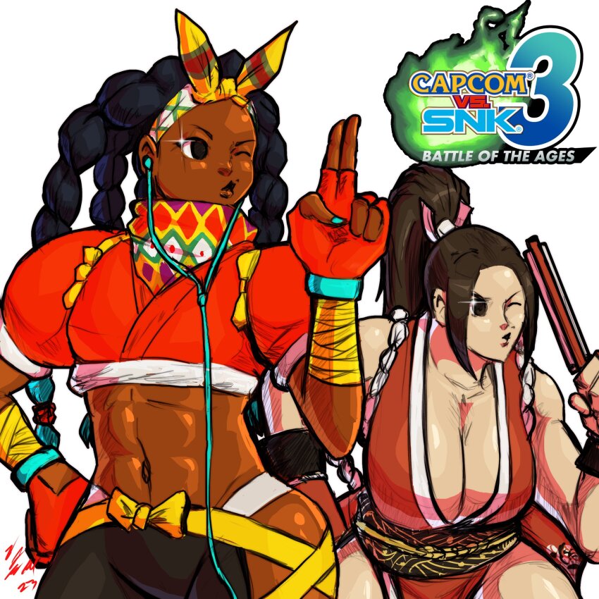 2girls bad_tag bandana breasts capcom capcom_vs_snk crossover dark-skinned_female dark_skin dreadlocks fatal_fury highres huge_breasts kimberly_jackson multiple_girls ponytail shiranui_mai snk street_fighter street_fighter_6 the_king_of_fighters