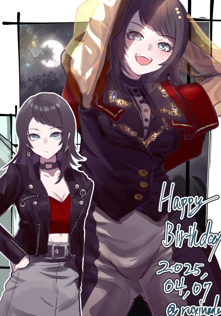 1girl absurdres arms_up bang_dream! bang_dream!_it&#039;s_mygo!!!!! black_hair black_vest blue_eyes blush breasts capelet cleavage commentary_request dated earrings glint grey_skirt happy_birthday highres jewelry looking_at_viewer medium_hair midriff multiple_girls open_mouth pants red_capelet red_shirt rushinada shirt skirt teeth timoris_(bang_dream!) upper_teeth_only vest white_pants yahata_umiri