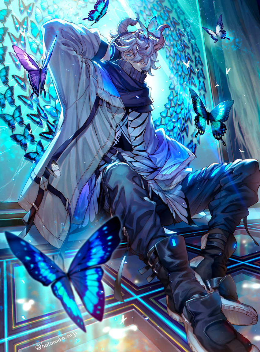 1boy black_footwear blue_eyes blue_hair blue_theme bug butterfly english_text hair_between_eyes headphones highres horns hotaruika_niji insect jacket long_sleeves off_shoulder on_floor open_clothes open_jacket original sitting twitter_username white_jacket