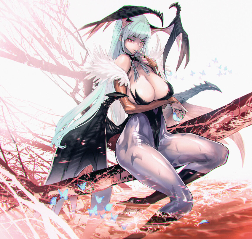 1girl animal_print bare_shoulders bat_print bat_wings blue_butterfly breasts bridal_gauntlets bug butterfly cleavage clothing_cutout darkstalkers demon_girl finger_to_mouth full_body green_hair head_wings heart_cutout high_heels highleg highleg_leotard highres holding index_finger_raised insect large_breasts leotard lips long_hair looking_at_viewer low_wings maeshima_shigeki missing_commentary morrigan_aensland pantyhose print_pantyhose purple_pantyhose purple_wings revision solo very_long_hair wings