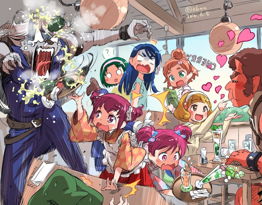 00s 10s akaoni akaooni akimoto_komachi blonde_hair blue_hair go!_princess_precure green_hair hairband haruno_haruka highres hoshizora_miyuki isedaichi_ken kise_yayoi majorina md5_mismatch minazuki_karen pink_eyes pink_hair pouring precure resized smile_precure! tea white_hairband wolfrun yellow_eyes yes!_precure_5 yes!_precure_5_gogo! yumehara_nozomi