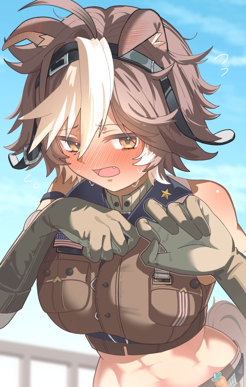 1girl abs animal_ears blush breasts brown_eyes brown_fur brown_gloves brown_hair brown_pants brown_shirt collared_shirt commission cropped_shirt cropped_torso day elbow_gloves embarrassed fang frown gloves highres horse_ears horse_girl horse_tail large_breasts long_hair looking_at_viewer medium_hair multicolored_hair open_mouth outdoors pants second-party_source shirt solo standing sweat tail tatara_(alnath_may) tomoe_umari tomoe_umari_(1st_costume) tongue upper_body v-dere virtual_youtuber white_hair