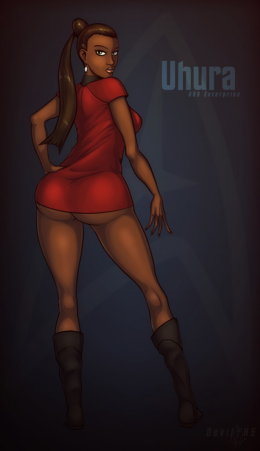 1girl 2019 absurdres ass bare_legs black_boots black_hair boots bottomless brown_eyes brown_hair dark-skinned_female dark_skin devil_hs devilhs dress earrings english_text eyelashes female female_focus highres huge_ass jewelry lipstick looking_at_viewer looking_back makeup nyota_uhura ponytail red_shirt shirt short_dress solo solo_focus standing star_trek star_trek:_kelvin_timeline star_trek_(2009) star_trek_beyond star_trek_into_darkness starfleet_insignia starfleet_uniform