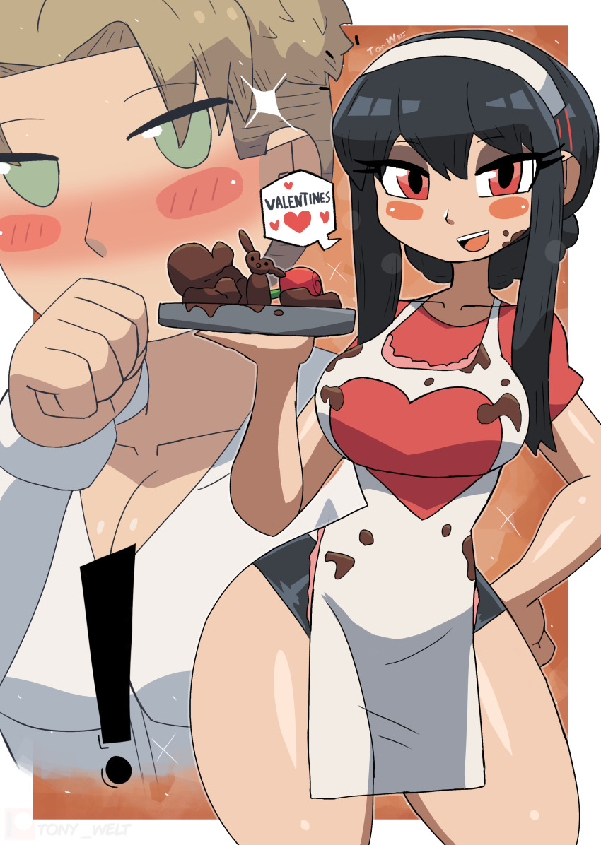 ! 1boy 1girl absurdres apron black_hair black_shorts blush braid breasts brown_hair candy chocolate collarbone covering_own_mouth crown_braid food food_on_clothes food_on_face full-face_blush green_eyes hairband hand_on_own_hip heart heart_print highres holding holding_plate husband_and_wife large_breasts long_sleeves looking_at_viewer open_mouth orange_background plate print_apron red_eyes red_shirt shirt short_hair short_sleeves shorts sidelocks smile sparkle speech_bubble spoken_heart spy_x_family standing teeth thick_thighs thighs tony_welt twilight_(spy_x_family) valentine white_apron white_shirt wide_hips yor_briar