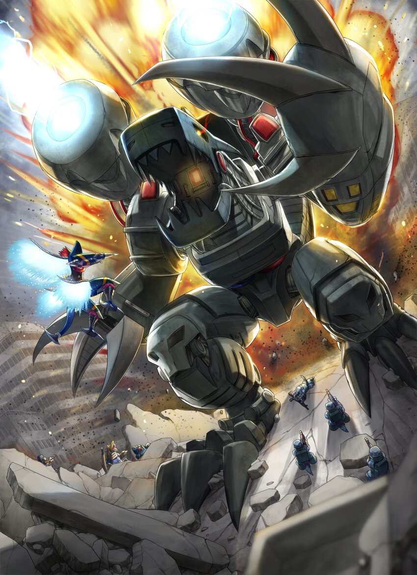 absurdres cannon claws commandramon darkdramon destruction digimon digimon_(creature) highres looking_at_another mugendramon robot skull