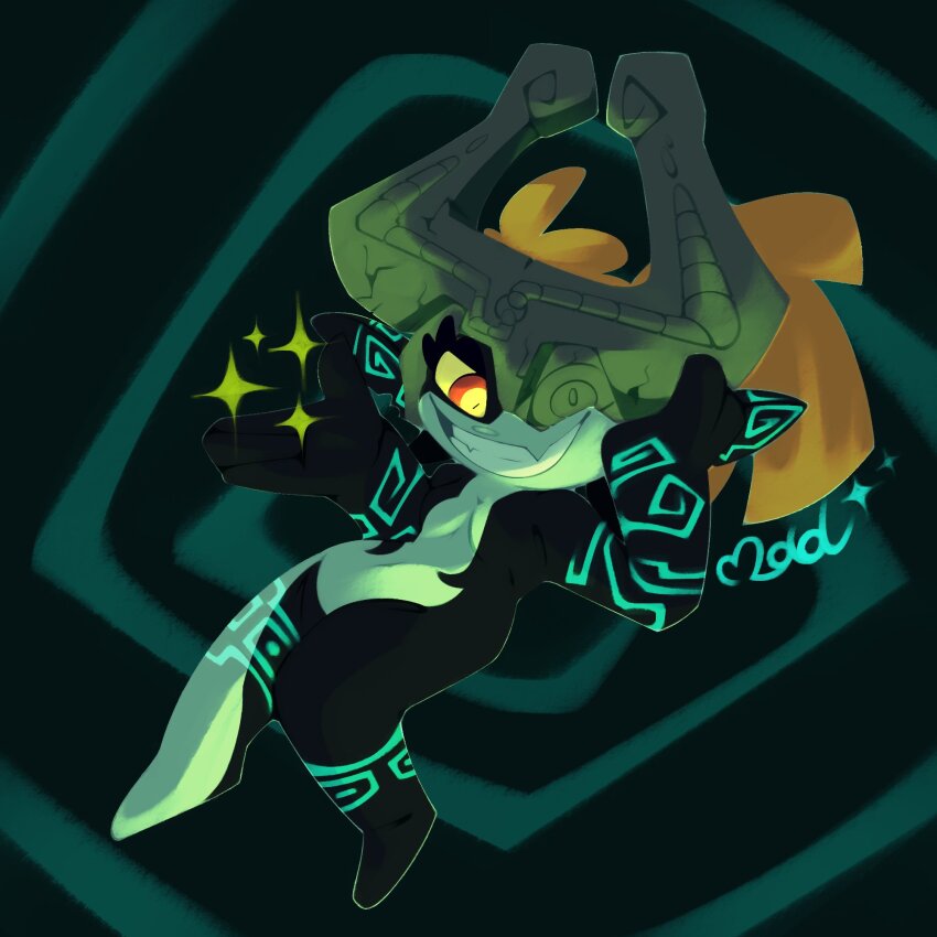 1girl arm_tattoo body_markings colored_sclera colored_skin dark_background demon_girl fang floating fused_shadows glowing_tattoo grin helmet highres leg_tattoo midna multicolored_eyes multicolored_skin navel nintendo one_eye_covered orange_hair pointy_ears ponytail red_eyes ringed_eyes shortstack skin_fang slit_pupils smile solo spiral_background tattoo the_legend_of_zelda the_legend_of_zelda:_twilight_princess the_mad_fanatic two-tone_eyes two-tone_skin yellow_sclera