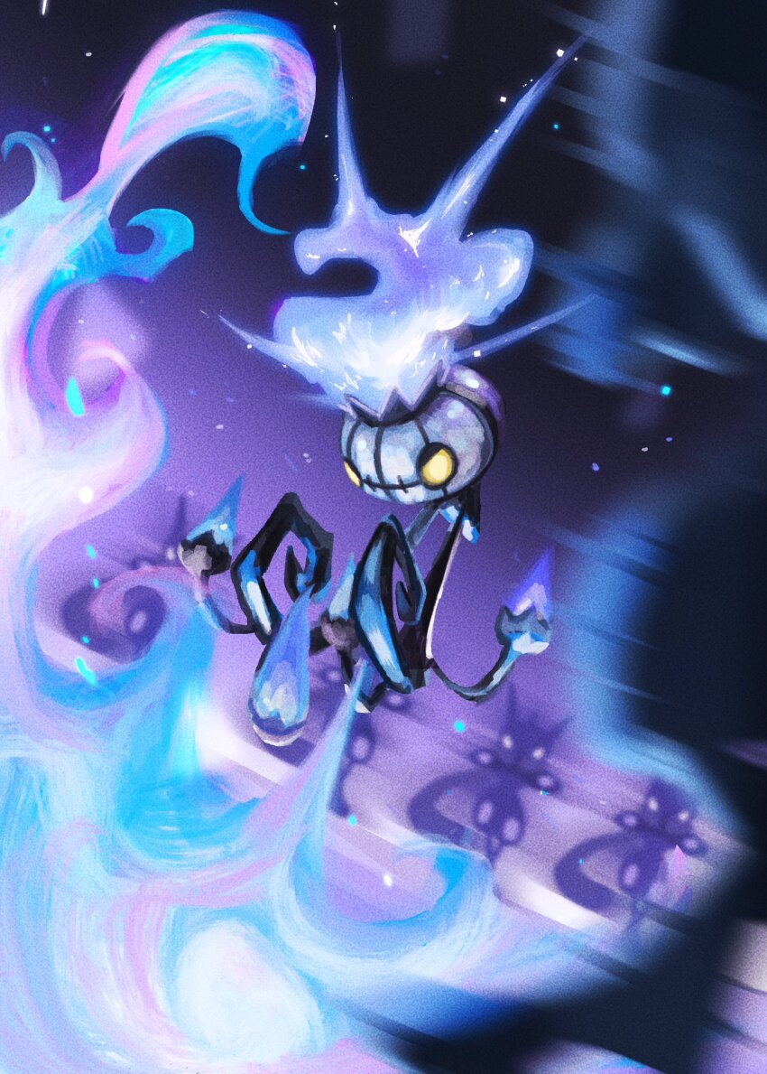 afterimage blue_fire chandelure double_team_(pokemon) dutch_angle fighting fire floating gen_5_pokemon gen_6_pokemon greninja highres n-shi_(fruit1830) nintendo no_humans pokemon pokemon_(creature) standing yellow_eyes