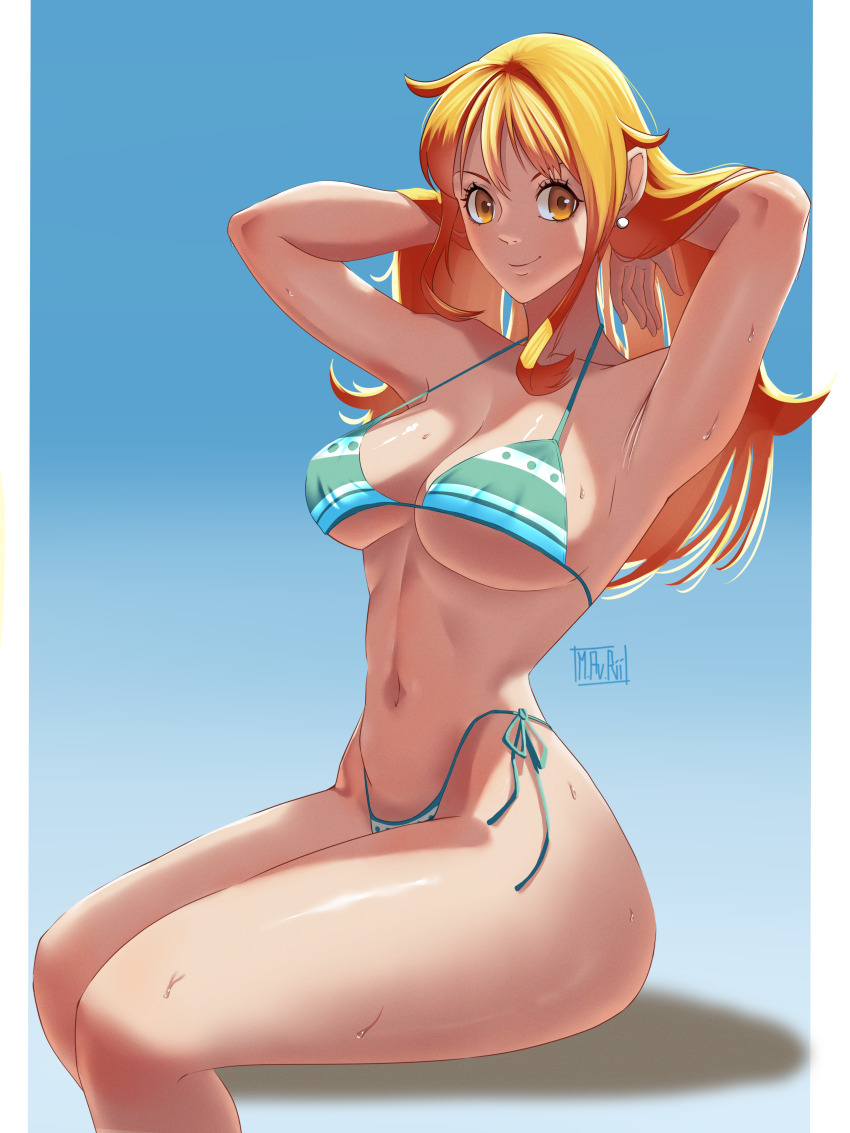 1girl absurdres areola_slip ass bikini breasts cleavage curvy hand_in_own_hair highleg highleg_bikini highres large_areolae large_breasts long_hair mavrii nami_(one_piece) one_piece orange_eyes orange_hair shiny_skin signature simple_background sitting smile solo swimsuit thong thong_bikini underboob wide_hips