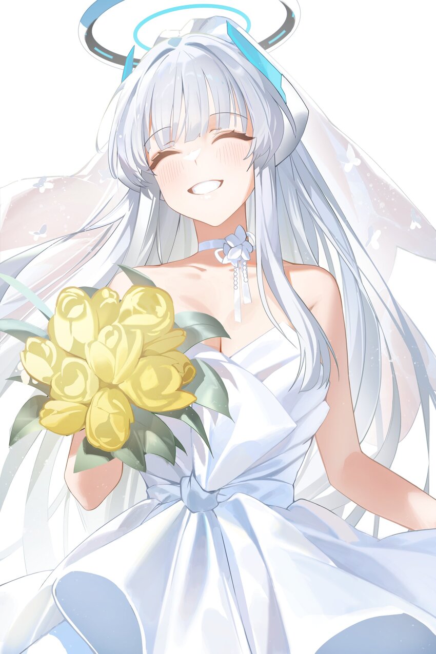 1girl ^_^ absurdres alternate_costume bare_shoulders blue_archive blush bouquet breasts choker cleavage closed_eyes collarbone dress flower grey_hair grin halo highres holding holding_bouquet large_breasts long_hair noa_(blue_archive) simple_background smile solo strapless strapless_dress upper_body veil very_long_hair wedding_dress white_background white_choker white_dress white_veil yellow_flower yo_owl