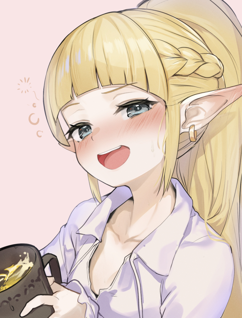 1girl alcohol blonde_hair blue_eyes blush braid character_request collarbone commentary_request cup drunk earrings highres holding holding_cup jewelry long_hair minutachi open_mouth pointy_ears ponytail solo upper_body wizardry_variants_daphne