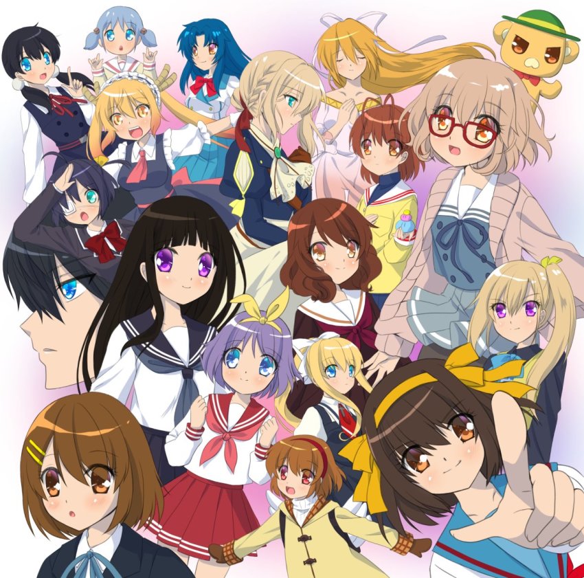 1boy 6+girls air_(visual_novel) amagi_brilliant_park antenna_hair backpack bag black_hair blazer blonde_hair blue_eyes blue_hair blue_ribbon blue_sailor_collar blue_skirt bob_cut bonta-kun brown_eyes brown_hair brown_serafuku cardigan character_request chestnut_mouth chidori_kaname chitanda_eru chuunibyou_demo_koi_ga_shitai! clannad coat commentary_request crossover cube_hair_ornament dango_daikazoku dragon_girl dragon_horns dress eyepatch free! full_metal_panic! furukawa_nagisa glasses gradient_hair green_eyes hair_ornament hairband hibike!_euphonium hiiragi_tsukasa hikarizaka_private_high_school_uniform hinoue_itaru hirasawa_yui horns hyouka index_finger_raised jacket jindai_high_school_uniform k-on! kamio_misuzu kamiyama_high_school_uniform_(hyouka) kanon kawakami_mai kita_high_school_uniform kitashirakawa_tamako kobayashi-san_chi_no_maidragon kuriyama_mirai kyoto_animation kyoukai_no_kanata long_hair low_twintails lucky_star m/ maid maid_headdress mittens moffle multicolored_hair multiple_crossover multiple_girls musaigen_no_phantom_world naganohara_mio nanase_haruka_(free!) neck_ribbon nichijou one_side_up open_cardigan open_clothes orange_eyes orange_hair oumae_kumiko pantyhose pinafore_dress pink_neckwear pointing ponytail purple_eyes purple_hair red-framed_eyewear red_eyes red_sailor_collar red_skirt ribbon ryouou_school_uniform sailor_collar sakuragaoka_high_school_uniform school_uniform serafuku short_hair short_twintails skirt sleeveless_dress suzumiya_haruhi_no_yuuutsu takanashi_rikka tamako_market tohru_(maidragon) tokisadame_school_uniform tsukimiya_ayu twintails violet_evergarden violet_evergarden_(series) white_dress white_sailor_collar winged_bag yellow_eyes yellow_hairband