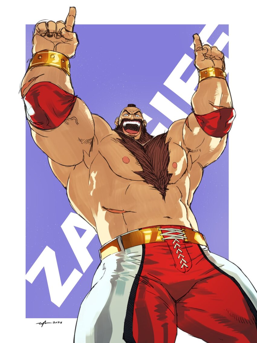 1boy :d abs arms_up bara beard bulge character_name chest_tuft cowboy_shot eric_huang facial_hair full_beard highres huge_pectorals index_finger_raised looking_at_viewer male_focus mature_male mohawk multiple_scars muscular muscular_male navel nipples open_mouth scar short_hair smile solo standing street_fighter street_fighter_6 strongman_waist thick_beard thick_chest_hair thick_eyebrows thick_thighs thighs topless_male wrestler zangief