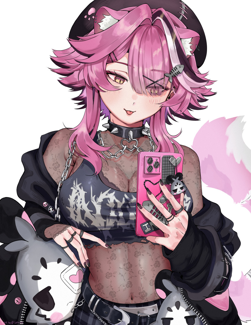 1girl :p absurdres animal_ear_fluff animal_ears beret black_hat black_jacket black_nails black_tank_top bodystocking breasts camera_flash cellphone chattino_(raora_panthera) cleavage commentary covered_navel crop_top hair_over_one_eye hat highres holding holding_phone hololive hololive_english jacket jewelry l_yth large_breasts long_hair multicolored_hair multiple_rings nail_polish open_clothes open_jacket panther_ears panther_girl panther_tail phone pink_hair raora_panthera ring see-through_cleavage see-through_clothes selfie short_hair_with_long_locks sidelocks simple_background smartphone solo spiked_hair streaked_hair tail tank_top tongue tongue_out virtual_youtuber white_background white_hair yellow_eyes