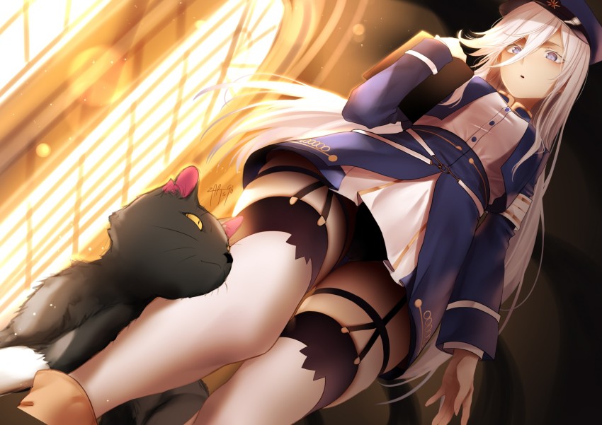 1girl 86_-eightysix- animal belt beret black_cat black_panties blue_eyes blue_headwear blue_jacket boots breasts cat clipboard commentary cropped_jacket dutch_angle english_commentary from_below garter_straps hair_between_eyes hat high-waist_skirt highres holding holding_clipboard indoors jacket long_hair long_sleeves looking_at_animal looking_at_another looking_down medium_breasts military military_uniform open_mouth panties pantyshot parted_lips shirt_tucked_in skindentation skirt sunset thigh_strap thighhighs thighs tp_(86_-eighty-six-) twitter_username underwear very_long_hair vladilena_millize white_hair white_thighhighs window zasshu