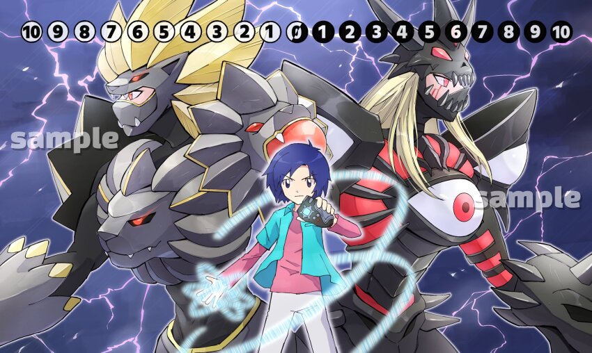 1boy aqua_jacket armor black_armor blonde_hair blue_hair digimon digimon_frontier duskmon electricity evolutionary_line extra_eyes facial_mark glowing glowing_eyes henshin highres holding jacket kimura_kouichi long_hair louwemon male_focus mask mouth_mask multiple_heads nagoshi pants red_eyes red_shirt sample_watermark shirt shoulder_armor watermark white_pants