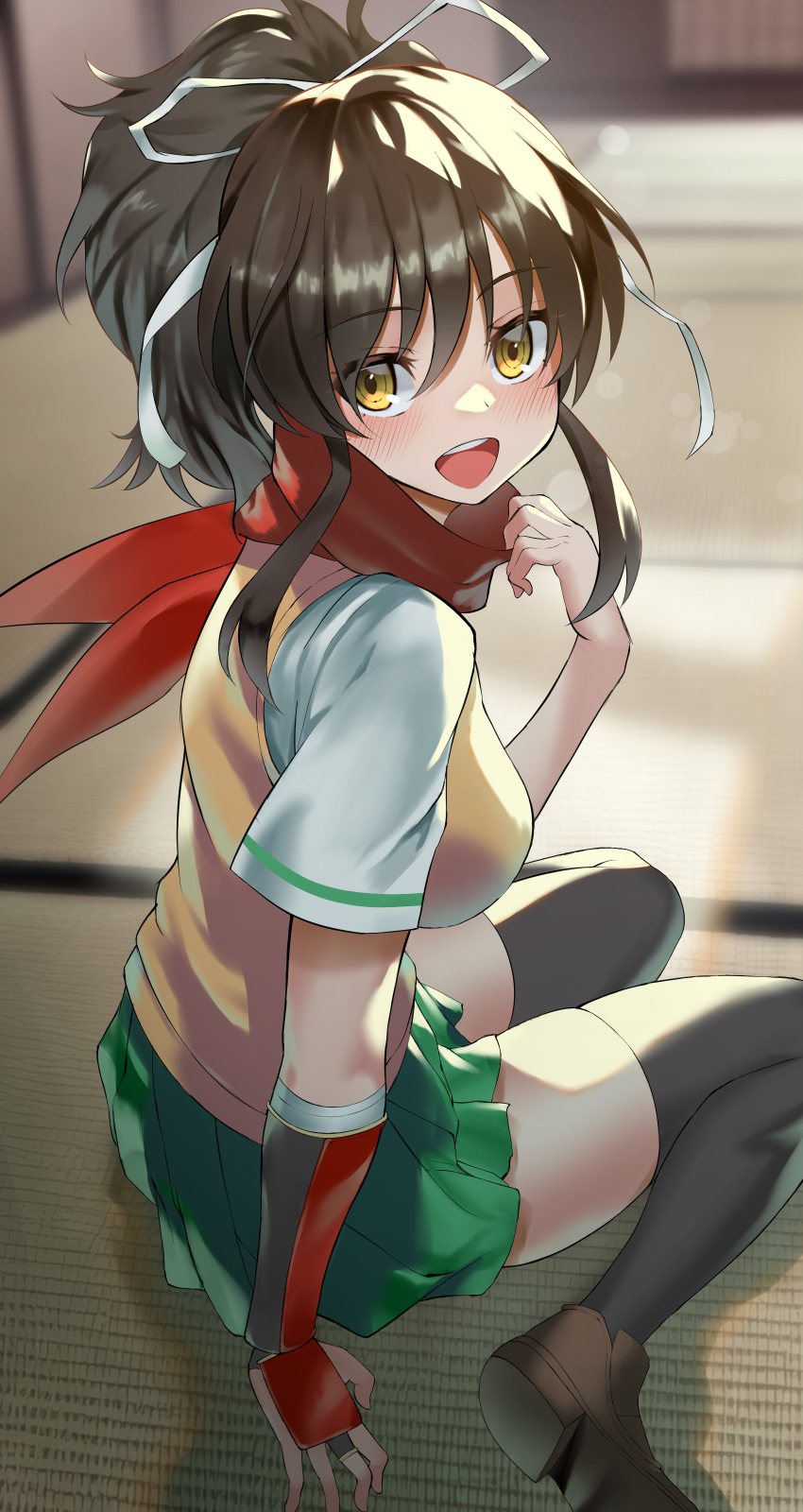 1girl absurdres asuka_(senran_kagura) black_hair black_thighhighs breasts brown_eyes brown_shoes dress green_dress highres indoors large_breasts long_hair ninja plaid_clothes plaid_dress ponytail red_scarf ribbon sato_one1 scarf senran_kagura shirt shoes short_sleeves sidelocks sitting solo sweater_vest thighhighs underwear wariza weapon white_background white_ribbon white_shirt