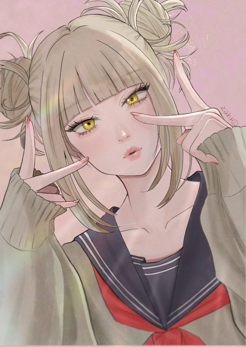 1girl absurdres blonde_hair blue_sailor_collar blunt_bangs blush boku_no_hero_academia cardigan collarbone double_bun hair_bun highres long_sleeves looking_at_viewer messy_hair neckerchief open_mouth pink_background red_neckerchief sailor_collar school_uniform serafuku short_hair sidelocks smile solo toga_himiko u.a._school_uniform v yellow_eyes zakikoillust