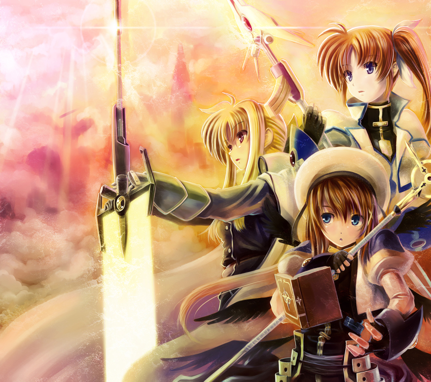 00s 3girls bardiche_(nanoha) bardiche_(zanber_form)_(nanoha) blonde_hair blue_eyes book brown_hair epic fate_testarossa fate_testarossa_(impulse_form) fingerless_gloves gloves hat lyrical_nanoha magical_girl mahou_senki_lyrical_nanoha_force mahou_shoujo_lyrical_nanoha mahou_shoujo_lyrical_nanoha_a&#039;s mahou_shoujo_lyrical_nanoha_strikers multiple_girls raising_heart raising_heart_(exceed_mode) red_eyes schwertkreuz takamachi_nanoha takamachi_nanoha_(exceed_mode) tome_of_the_night_sky twintails wings yagami_hayate yone