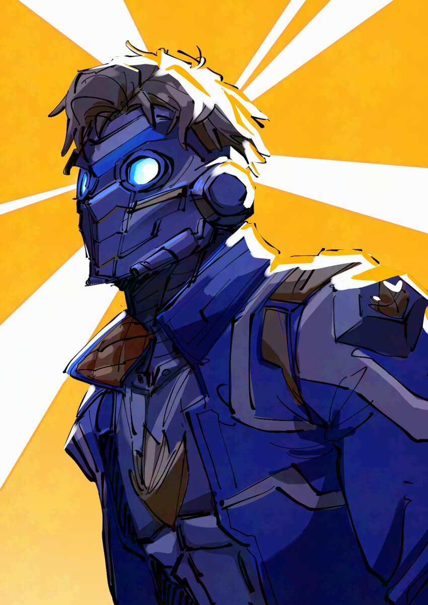1boy blue_jacket brown_hair collared_jacket commentary english_commentary from_side glowing glowing_eyes guardians_of_the_galaxy highres jacket male_focus marvel marvel_cinematic_universe marvel_rivals mask peter_quill popped_collar short_hair solo star-lord superebiseeeen upper_body