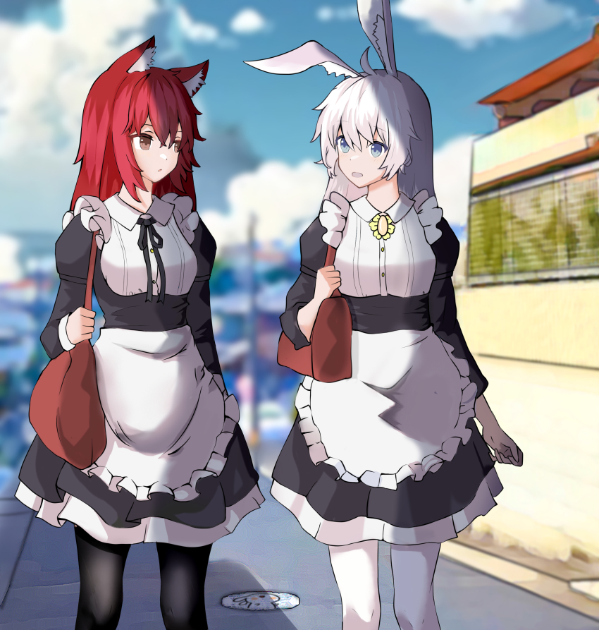 2girls absurdres animal_ears apron bag blue_eyes brown_eyes dress highres juliet_sleeves long_hair long_sleeves looking_at_another maid multiple_girls neck_ribbon open_mouth original paheide_guang pantyhose puffy_sleeves rabbit_ears rabbit_girl red_hair ribbon shoulder_bag uniform waist_apron white_hair wolf_ears wolf_girl