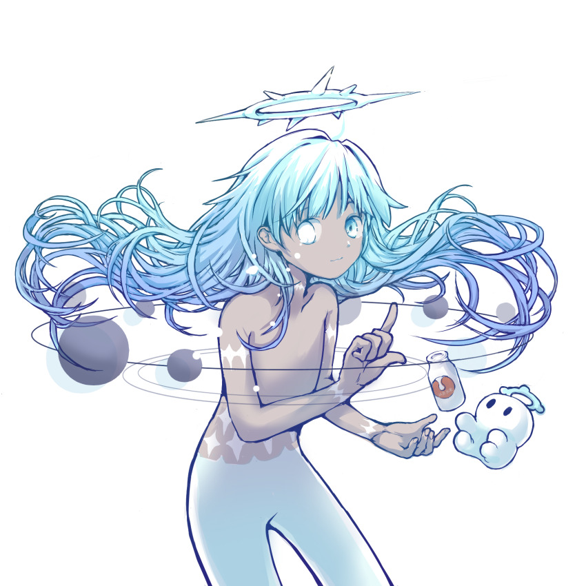 1other androgynous aqua_eyes aqua_hair aqua_halo ba_ren_bi bottle closed_mouth dark_skin glowing glowing_eye halo hand_up heterochromia highres index_finger_raised k2_(mili) long_hair looking_at_viewer mascot mili_(band) milk_bottle no_nipples solar_system spiked_halo stitched_arm stitched_neck stitches tears topless_other torino_(mili) transparent very_long_hair white_eyes