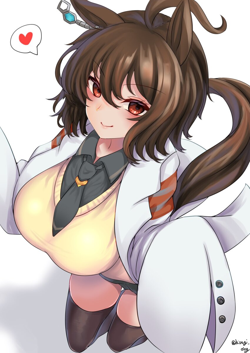 1girl agnes_tachyon_(umamusume) ahoge alternate_legwear animal_ears black_necktie black_panties black_shirt blush breasts brown_hair brown_thighhighs cardigan closed_mouth coat commentary_request feet_out_of_frame hair_between_eyes heart highres hisagi_(hisagi00) horse_ears horse_girl horse_tail large_breasts looking_at_viewer medium_hair necktie no_pants open_clothes open_coat panties shirt simple_background sleeves_past_fingers sleeves_past_wrists smile solo spoken_heart tail thighhighs umamusume underwear white_background white_coat yellow_cardigan