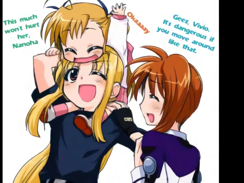 3girls aged_up blonde_hair brown_hair carrying child closed_eyes couple english_text family fate_testarossa hair_ornament happy highres looking_at_another lyrical_nanoha mahou_shoujo_lyrical_nanoha mahou_shoujo_lyrical_nanoha_strikers military military_uniform mother_and_daughter multiple_girls ribbon side_ponytail smile takamachi_nanoha translated vivio yuri