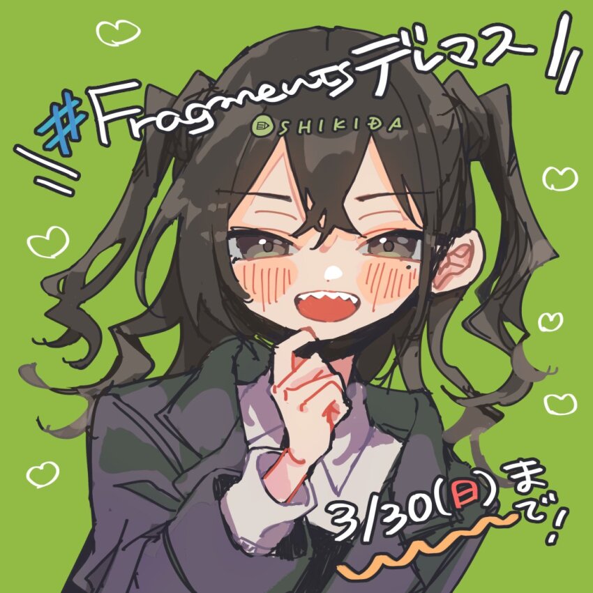 1girl black_eyes black_hair blush commentary_request fragments_of_the_idolmaster_cinderella_girls green_background hashtag heart idolmaster idolmaster_cinderella_girls looking_at_viewer open_mouth promotional_art shikida_pan smile solo sunazuka_akira upper_body