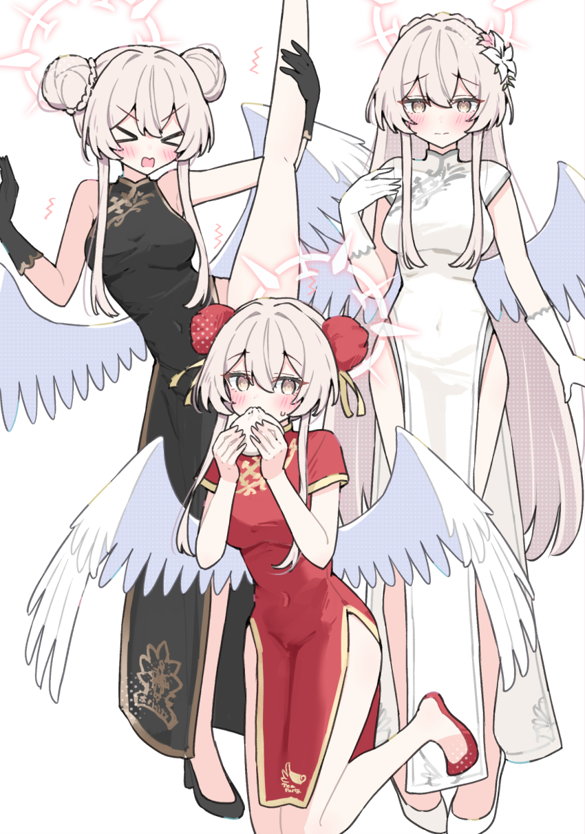 &gt;_&lt; 1girl :d alternate_costume alternate_hairstyle black_dress black_gloves black_shoes blonde_hair blue_archive blush braid braided_bun breasts china_dress chinese_clothes closed_mouth cosplay crown_braid double_bun dress feathered_wings flower food gloves hair_between_eyes hair_bun hair_flower hair_ornament high_heels highres holding holding_food kisaki_(blue_archive) kisaki_(blue_archive)_(cosplay) large_breasts leg_up long_hair looking_at_viewer nagisa_(blue_archive) open_mouth red_dress red_shoes sateto_(user_knrf2332) shoes short_sleeves sidelocks sleeveless sleeveless_dress smile standing standing_on_one_leg steamed_bun sweatdrop twintails white_dress white_flower white_gloves white_shoes wings xd yellow_eyes