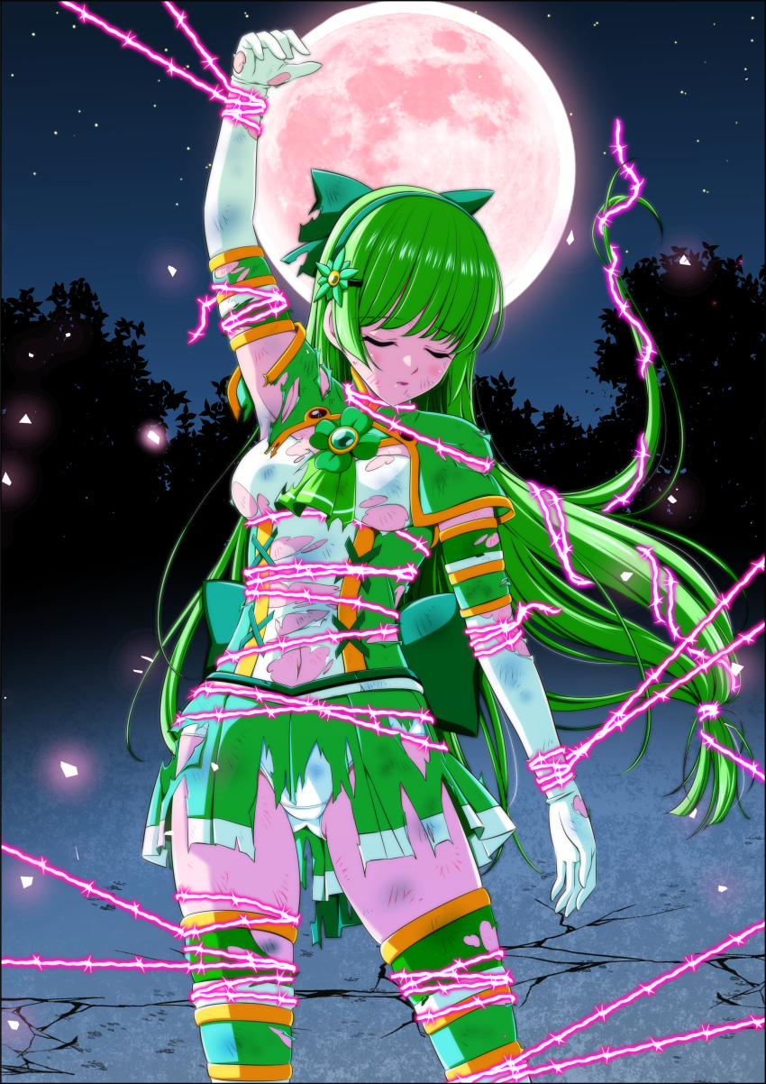 1girl absurdres abuse arm_up back_bow bad_end beaten blush bound bound_arms bound_legs bound_wrists bow breasts brooch bruise bruise_on_face capelet choppy_bangs closed_eyes clover clover_leaf cowboy_shot crossed_legs defeat detached_sleeves dress dutch_angle elbow_gloves energy eyebrows_hidden_by_hair feet_out_of_frame finger_to_mouth flower four-leaf_clover gloves green_bow green_capelet green_dress green_eyes green_hair green_hairband green_ribbon green_skirt hair_between_eyes hair_bow hair_flower hair_ornament hairband hand_up hasumi_ren_(clover_rose) highres index_finger_raised injury jewelry koeda0111 large_bow long_hair looking_at_viewer magical_girl medium_breasts miniskirt multicolored_dress multicolored_skirt narrow_waist navel panties pantyshot parted_lips pleated_skirt restrained ribbon rope ryona short_dress shushing sidelocks simple_background skirt sleeveless sleeveless_dress smile solo straight-on strapless strapless_dress suspension thighhighs thighs title torn_clothes torn_dress torn_gloves torn_skirt tube_dress unconscious underwear violence yotsuba_no_senki_clover_rose zettai_ryouiki