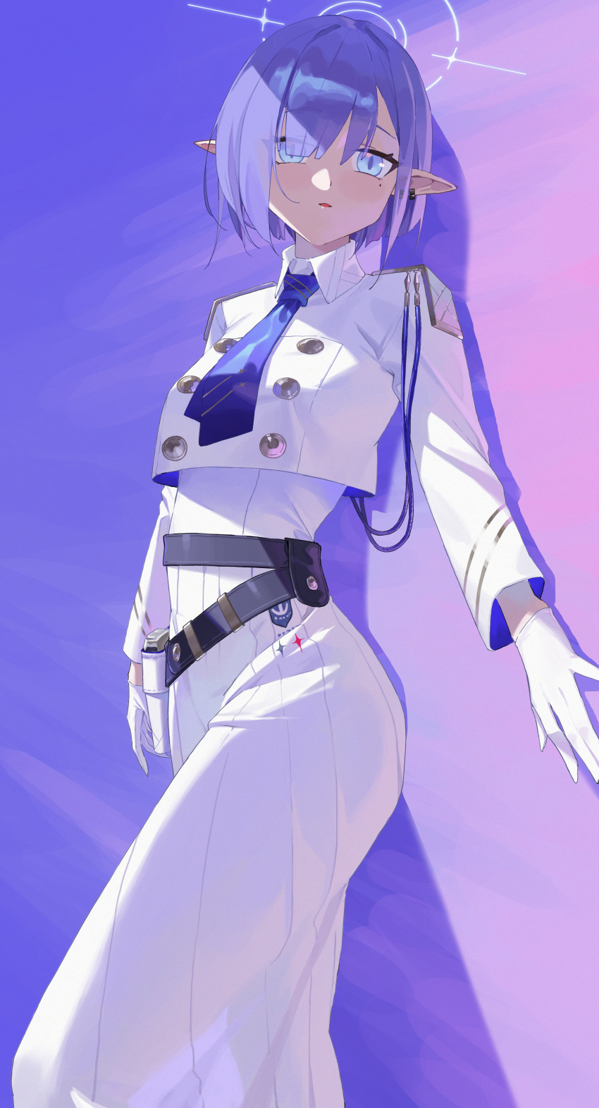 1girl absurdres aoi_(blue_archive) blue_archive blue_eyes blue_halo blush breasts buttons cropped_jacket double-breasted dress earrings expressionless from_below gloves gun hair_over_one_eye halo handgun highres holster jacket jewelry li-mi looking_at_viewer looking_down medium_breasts medium_hair mole mole_under_eye parted_lips purple_hair slit_pupils small_breasts solo weapon white_dress white_gloves white_halo white_jacket