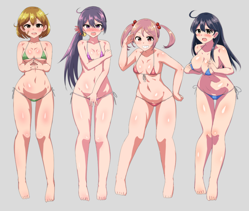 4girls :o adjusting_clothes ahoge akebono_(kancolle) bandaid bandaid_on_face bare_shoulders bikini black_hair blonde_hair blush breasts covering_breasts covering_crotch covering_privates embarrassed feet front-tie_bikini_top front-tie_top hair_ornament hand_up kantai_collection large_breasts long_hair looking_at_viewer low_ponytail medium_breasts micro_bikini multiple_girls navel oboro_(kancolle) open_mouth panties pink_hair ponytail purple_eyes purple_hair red_eyes salute sazanami_(kancolle) senshiya short_hair side-tie_bikini_bottom side-tie_panties side_ponytail small_breasts string_bikini swimsuit teeth thighs twintails underwear ushio_(kancolle) wide_hips yellow_eyes