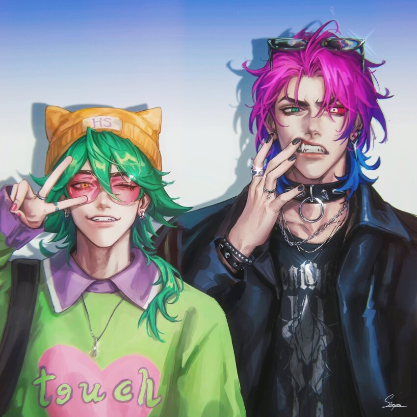 2boys animal_ear_headwear animal_ears arm_up backpack bag beanie black_collar black_jacket black_shirt bracelet collar collared_jacket collared_shirt colored_sclera commentary ear_piercing earrings english_commentary eyewear_on_head ezreal fake_animal_ears fang gradient_background green_hair green_shirt hair_between_eyes hand_to_own_mouth hat heart heart_print heartsteel_(league_of_legends) heartsteel_ezreal heartsteel_kayn heterochromia highres jacket jewelry kayn_(league_of_legends) league_of_legends leather leather_jacket long_sleeves male_focus multicolored_shirt multiple_boys nail_polish necklace one_eye_closed piercing pink-tinted_eyewear purple_hair red_sclera ring sharp_teeth shirt short_hair_with_long_locks smile spiked_collar spikes staryoruu studded_bracelet sunglasses t-shirt teeth tinted_eyewear unworn_eyewear upper_body v v_over_eye yellow_eyes yellow_hat