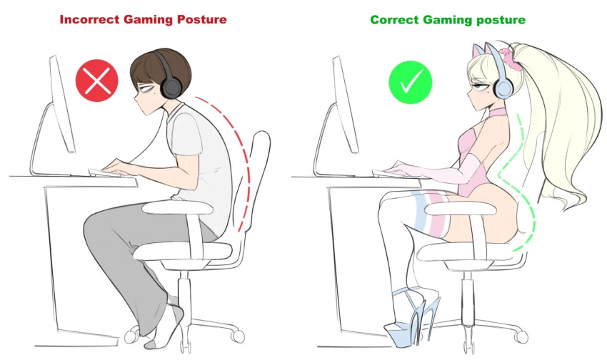 1boy blonde_hair brown_hair cat_ear_panties computer crossdressing desk gaming gaming_posture_(meme) headphones meme mole mole_under_eye on_desk panties sealguy sitting on_desk thighhighs trap underwear